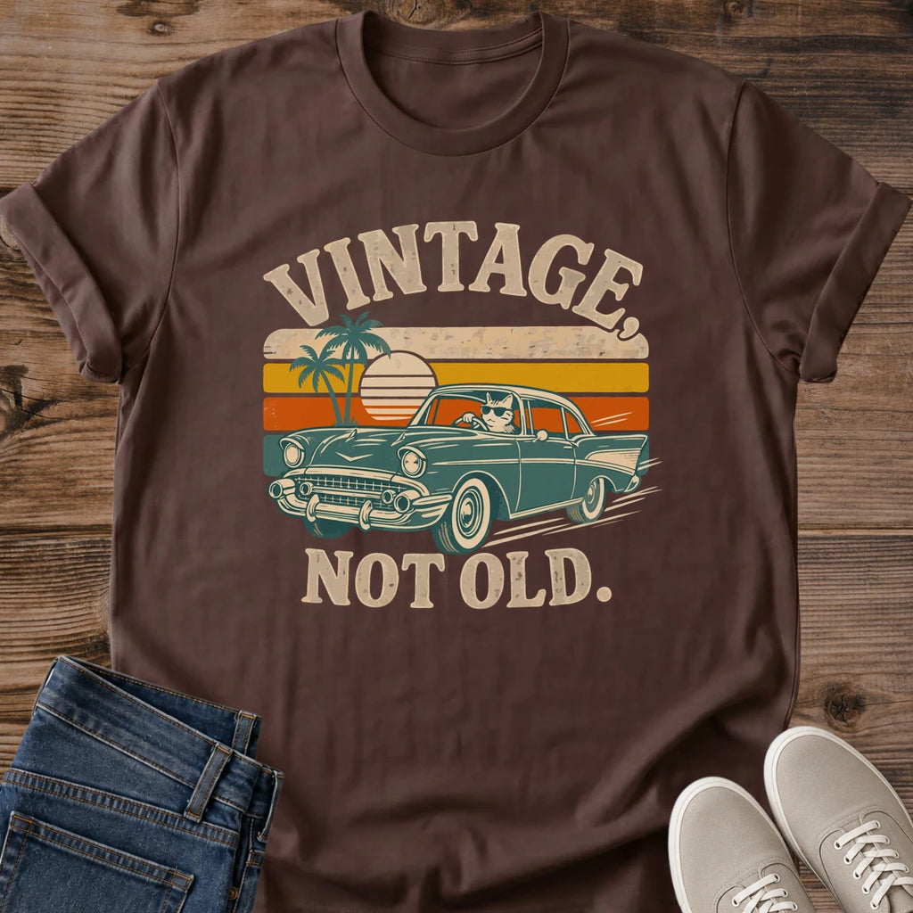 Car Enthusiast Gift Tee Vintage Automobile Graphic Design Retro Sunset Pattern Classic Car Shirt Cotton Crew Neck Comfortable Casual Wear Nostalgic Fashion Apparel Palm Tree Striped Design Relaxed Fit Clothing Everyday Outfit Essential