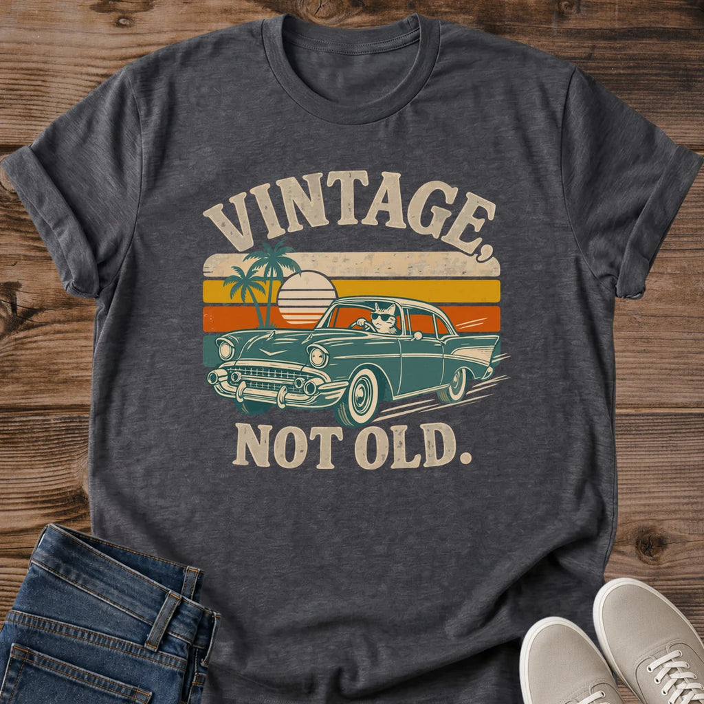 Vintage Car Graphic Tee Retro Sunset Design Classic Automobile Shirt Cotton Crew Neck Comfortable Casual Wear Palm Tree Striped Pattern Perfect Car Enthusiast Gift Nostalgic Fashion Piece Everyday Outfit Essential Relaxed Fit Clothing