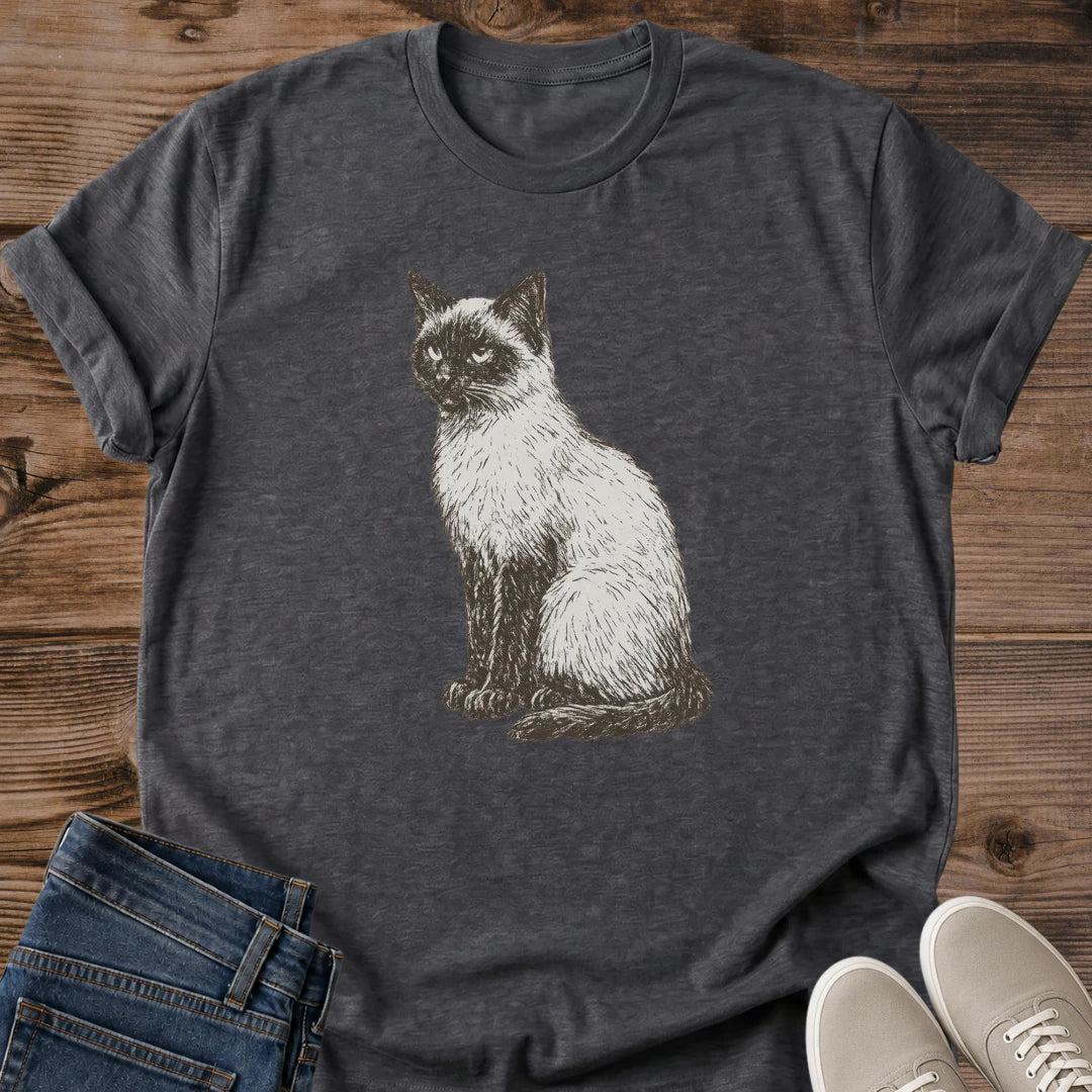 Retro Graphic Tee Siamese Cat Design Vintage Style Cat Lover Shirt Blue Eyes Feline Portrait Moon Botanical Graphics Ornate Decorative Crest Frame Perfect Gift For Cat Enthusiasts Pet Owner Apparel Comfortable Daily Wear Tshirt Cat Themed