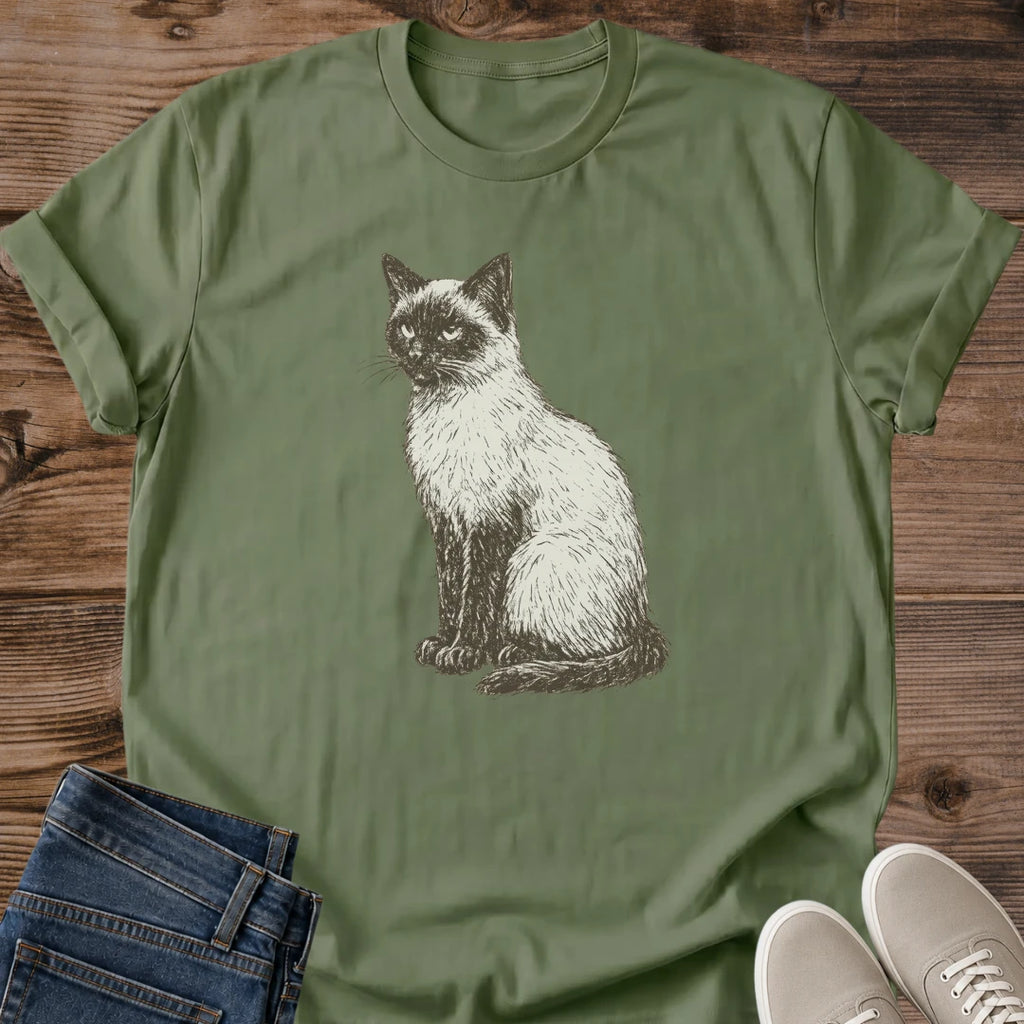 Cat Lover Gift Siamese Cat Shirt Vintage Retro Tee Blue Eyes Cat Portrait Ornate Gold Crest Design Moon Botanical Graphics Regal Feline Apparel Perfect Present For Pet Owners Comfortable Casual Wear Essential Cat Enthusiast Clothing