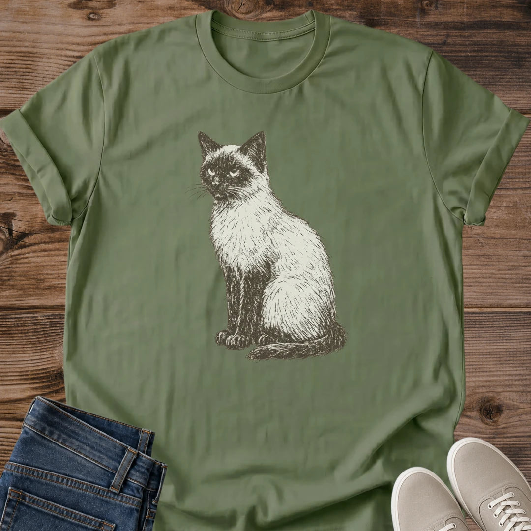 Cat Lover Gift Siamese Cat Shirt Vintage Retro Tee Blue Eyes Cat Portrait Ornate Gold Crest Design Moon Botanical Graphics Regal Feline Apparel Perfect Present For Pet Owners Comfortable Casual Wear Essential Cat Enthusiast Clothing