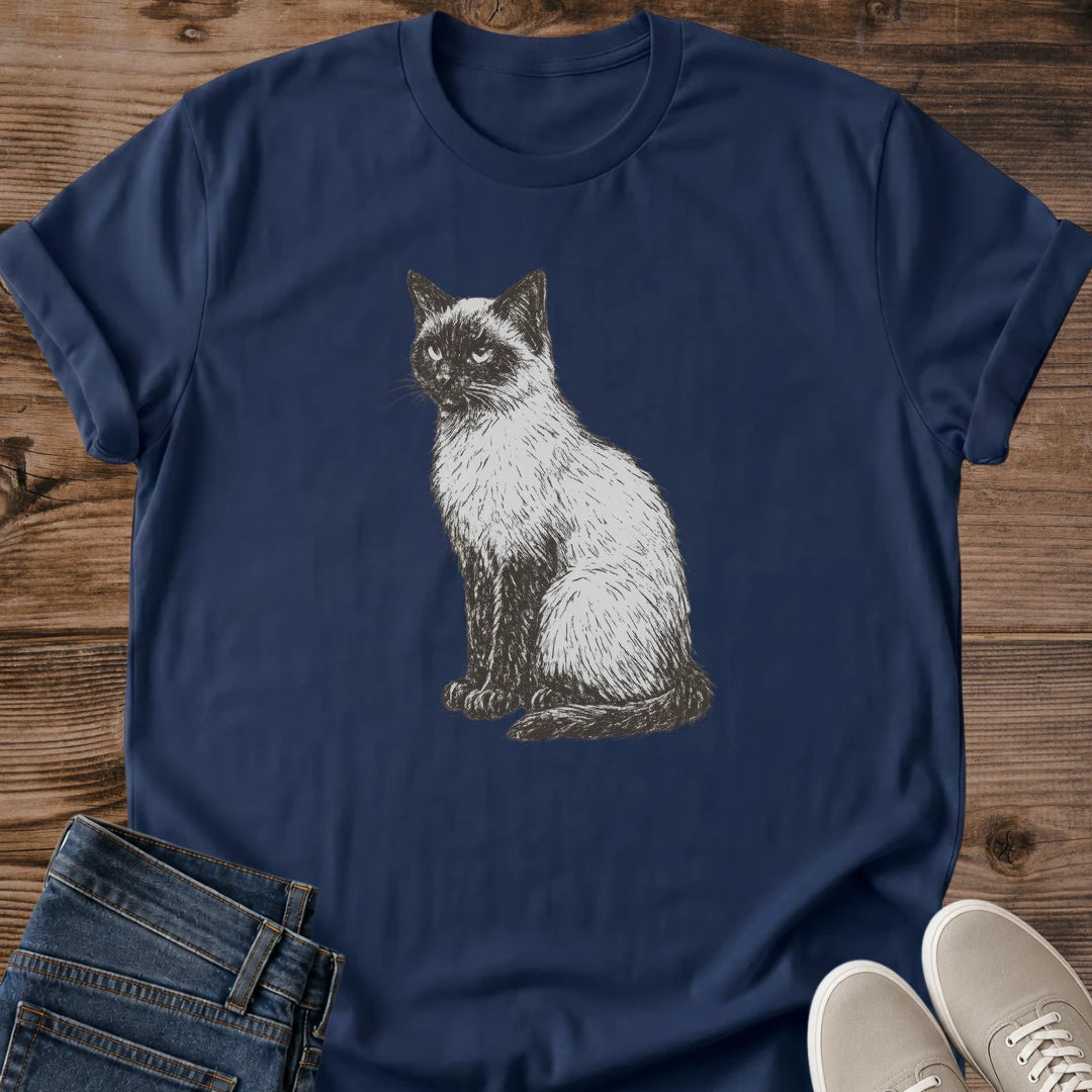 Vintage Cat Tshirt Retro Graphic Design Siamese Cat Portrait Blue Eyes Feline Graphics Moon Botanical Pattern Ornate Gold Crest Frame Cat Lover Gift Perfect Present For Pet Owners Comfortable Casual Wear Essential Cat Themed Apparel
