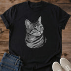 Cat Lover Gift Tee Vintage Tabby Portrait Design Soft Cotton Graphic Shirt Monochrome Cat Illustration Retro Pet Apparel Comfortable Casual Wear Breathable Lightweight Fabric Crew Neck Relaxed Fit Everyday Cat Fashion Weekend Comfort Shirt