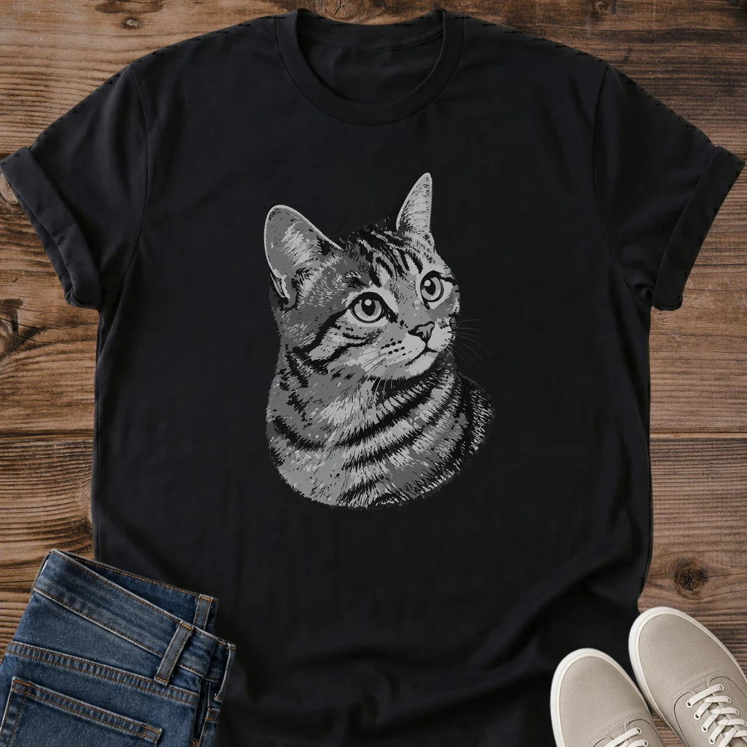 Cat Lover Gift Tee Vintage Tabby Portrait Design Soft Cotton Graphic Shirt Monochrome Cat Illustration Retro Pet Apparel Comfortable Casual Wear Breathable Lightweight Fabric Crew Neck Relaxed Fit Everyday Cat Fashion Weekend Comfort Shirt