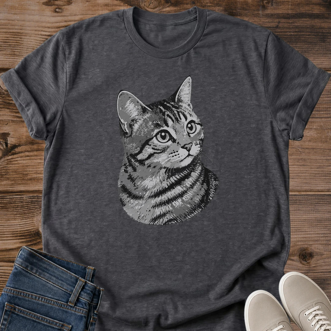 Vintage Cat Graphic Tee Retro Tabby Portrait Shirt Monochrome Cat Design Soft Cotton Material Cat Lover Apparel Casual Everyday Wear Comfortable Lightweight Fabric Breathable Crew Neck Relaxed Fit Cat Owner Gift Animal Lover Fashion Weekend