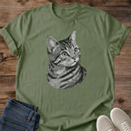 Retro Cat Tee Vintage Tabby Portrait Design Monochrome Animal Graphic Shirt Cat Lover Fashion Soft Cotton Comfortable Wear Casual Everyday Apparel Breathable Lightweight Fabric Crew Neck Relaxed Fit Cat Owner Present Pet Themed Gift Weekend