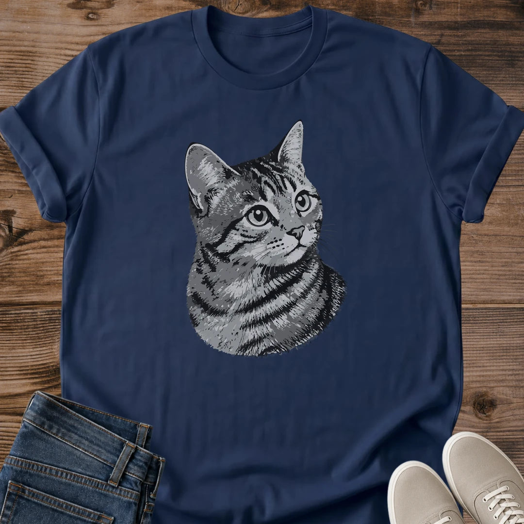 Soft Cotton Cat Shirt Comfortable Graphic Tee Vintage Tabby Design Breathable Lightweight Fabric Cat Lover Casual Wear Monochrome Pet Portrait Retro Animal Apparel Crew Neck Relaxed Fit Everyday Cat Fashion Cat Owner Gift Present Weekend