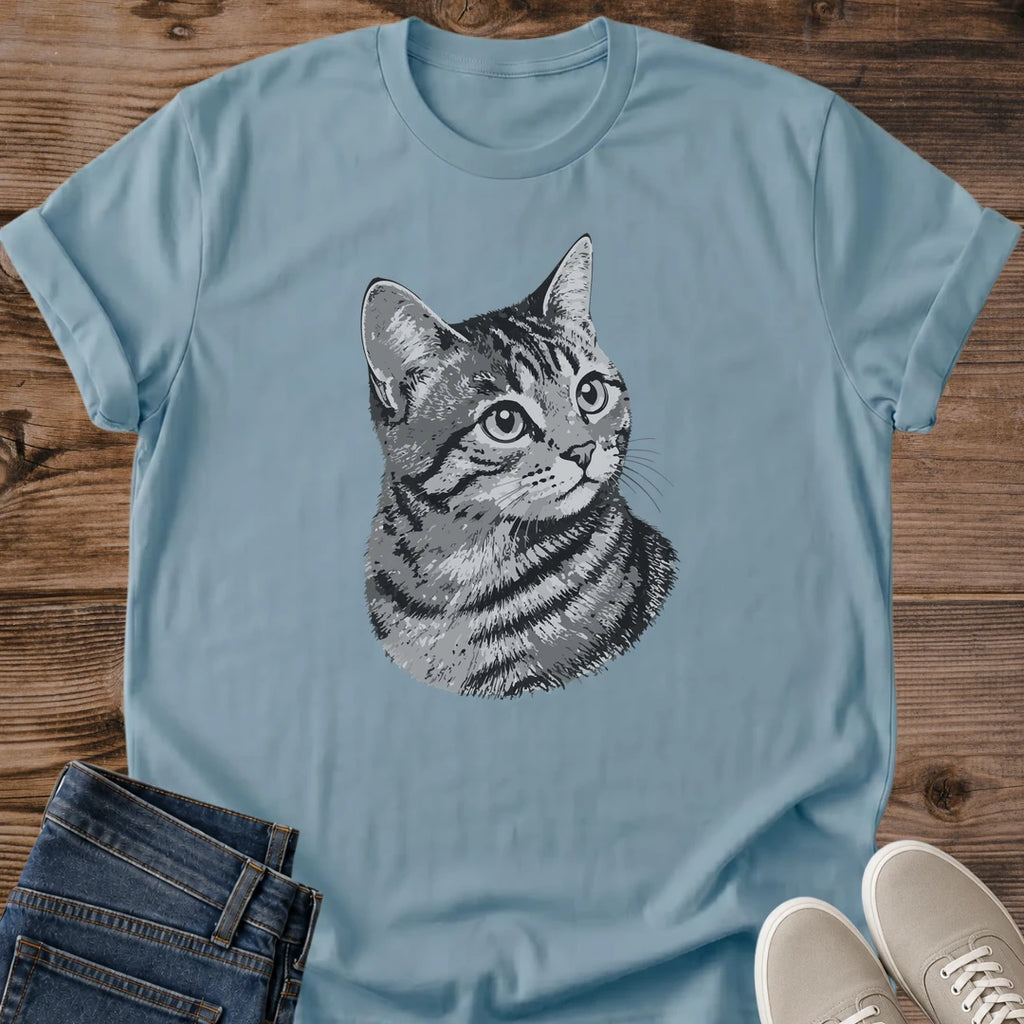 Casual Cat Fashion Tee Monochrome Tabby Portrait Design Vintage Pet Graphic Shirt Soft Cotton Comfortable Fabric Cat Lover Gift Present Retro Animal Apparel Breathable Lightweight Material Crew Neck Relaxed Fit Everyday Wear Cat Owner