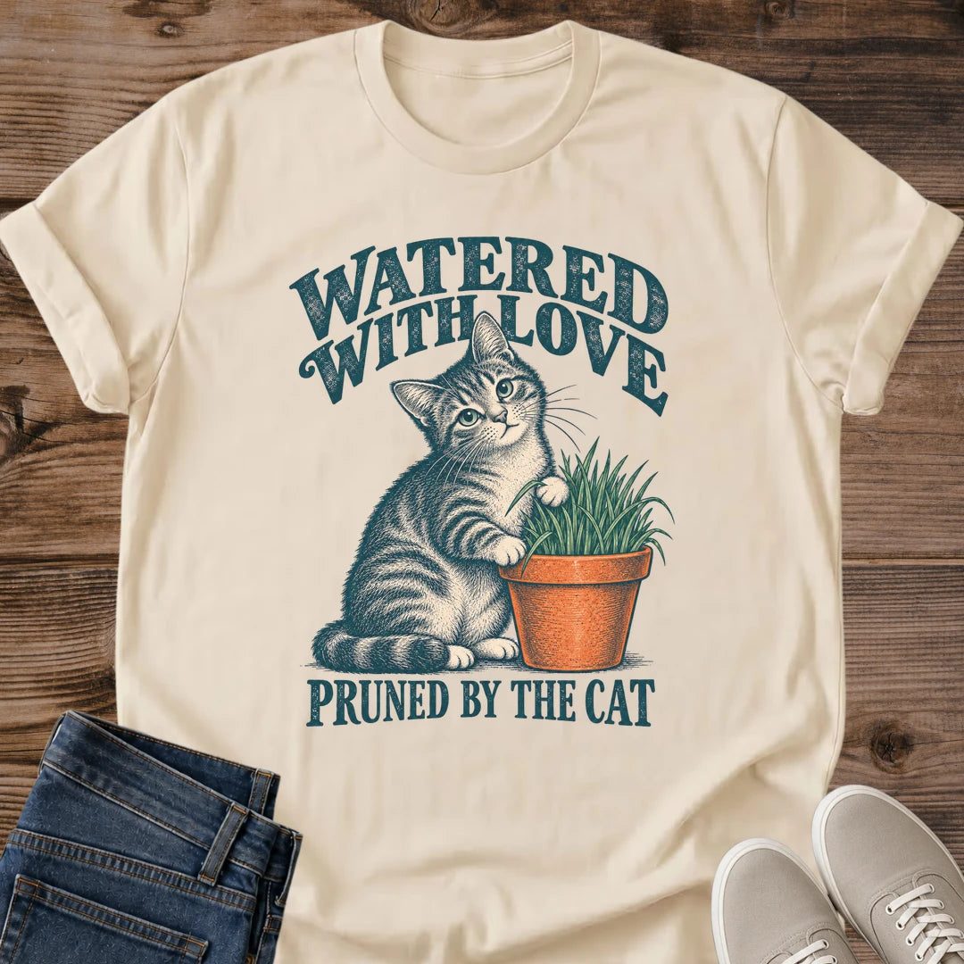 Houseplant Cat Shirt Watered With Love Pruned By The Cat Funny Gardening Tee Hand Drawn Tabby Cat Sketch Terracotta Pot Botanical Graphic Cat Owner Shirt Gift For Plant Lovers Cozy Cottagecore Tee Unisex Ringspun Cotton Shirt Cat Whisker Co