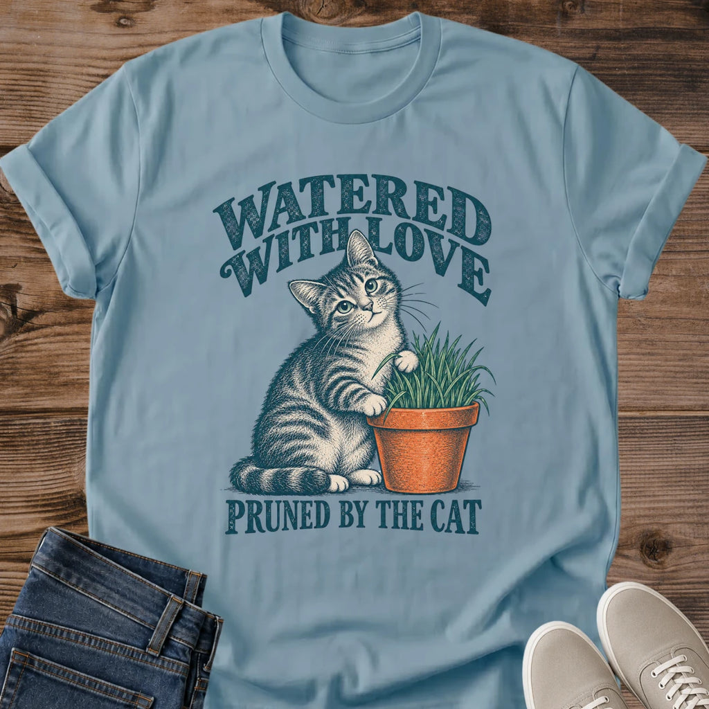 Plant Lover Gift Watered With Love Cat Shirt Funny Houseplant Tee Vintage Cat And Plant Graphic Birthday Gift For Plant Mom Christmas Gift For Cat Mom Gardener Gift Cat Person Tee Plant Parent Shirt Gildan Softstyle Cotton Tee Cat Whisker Co