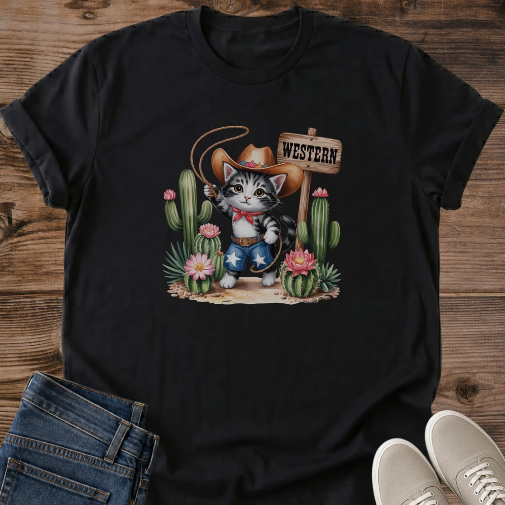 Graphic Tee Collection Cowboy Cat Design Western Kitten Print Desert Scene Shirt Cactus Lasso Details Cute Animal Graphic Soft Ring Spun Cotton Comfortable Casual Wear Cat Lover Apparel Western Style Tee Perfect Gift Shirt Novelty Present