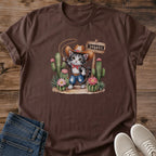 Western Kitten Shirt Desert Scene Graphic Tee Cowboy Cat Design Cactus Saguaro Background Lasso Detail Print Soft Cotton Casual Shirt Cute Animal Illustration Comfortable Everyday Wear Western Style Clothing Cat Theme Tee Gift Ready Present