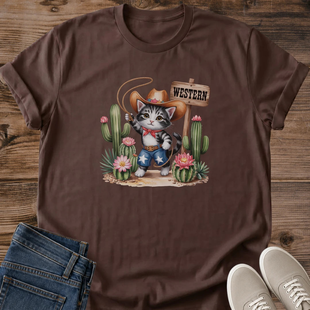 Western Kitten Shirt Desert Scene Graphic Tee Cowboy Cat Design Cactus Saguaro Background Lasso Detail Print Soft Cotton Casual Shirt Cute Animal Illustration Comfortable Everyday Wear Western Style Clothing Cat Theme Tee Gift Ready Present