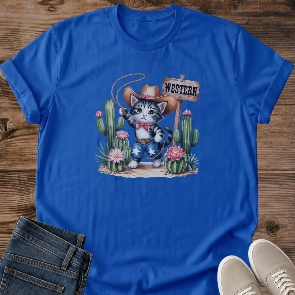 Cat Lover Gift Shirt Cowboy Kitten Graphic Tee Western Desert Scene Design Cute Animal Print Cotton Shirt Cactus Background Details Lasso Cowboy Hat Illustration Soft Comfortable Casual Wear Everyday Tee Perfect Novelty Present Cat Owner