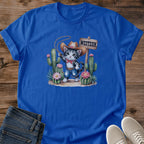 Cat Lover Gift Shirt Cowboy Kitten Graphic Tee Western Desert Scene Design Cute Animal Print Cotton Shirt Cactus Background Details Lasso Cowboy Hat Illustration Soft Comfortable Casual Wear Everyday Tee Perfect Novelty Present Cat Owner