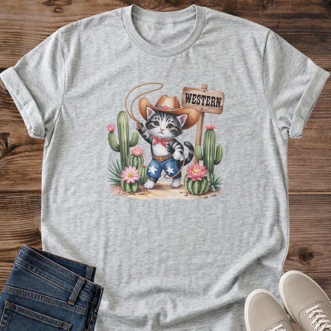 Soft Cotton Tee Cowboy Cat Print Graphic Shirt Comfortable Casual Wear Western Kitten Design Desert Cactus Scene Everyday Shirt Essential Cat Lover Clothing Cute Animal Graphic Lightweight Cotton Tee Perfect Layering Piece Novelty Gift