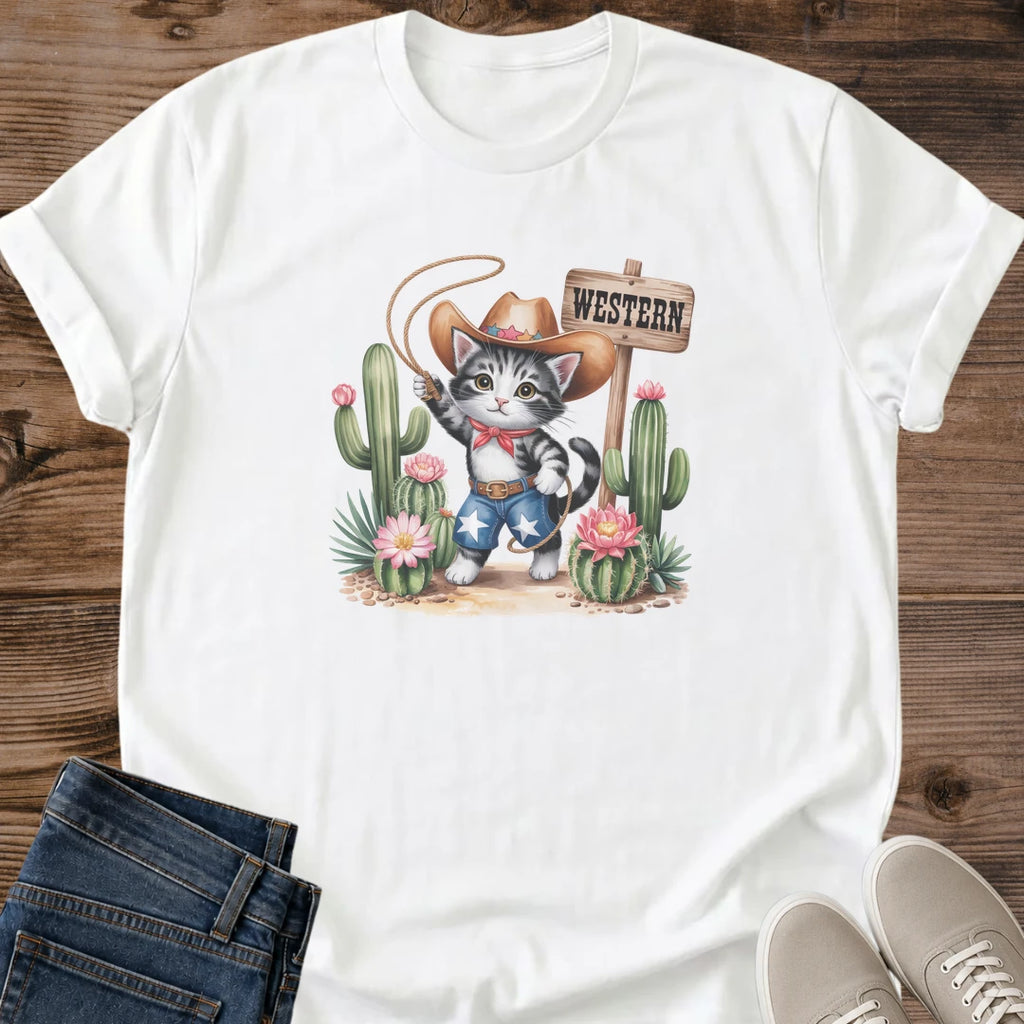 Funny Cat Shirt Cowboy Kitten Design Novelty Graphic Tee Western Desert Theme Print Cute Animal Illustration Cactus Scene Background Soft Cotton Casual Shirt Cat Owner Gift Perfect Present Comfortable Everyday Wear Humorous Design Tee Gift