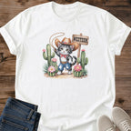 Funny Cat Shirt Cowboy Kitten Design Novelty Graphic Tee Western Desert Theme Print Cute Animal Illustration Cactus Scene Background Soft Cotton Casual Shirt Cat Owner Gift Perfect Present Comfortable Everyday Wear Humorous Design Tee Gift