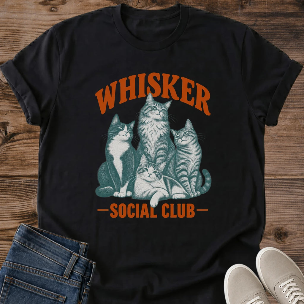 Soft Cotton Cat Shirt Comfortable Everyday Wear Vintage Graphic Tee Cat Lover Apparel Whisker Social Club Design Lived In Feel Relaxed Crew Neck Classic Fit Casual Clothing Lightweight Fabric Perfect Layering Piece Cozy Lounge Shirt Retro