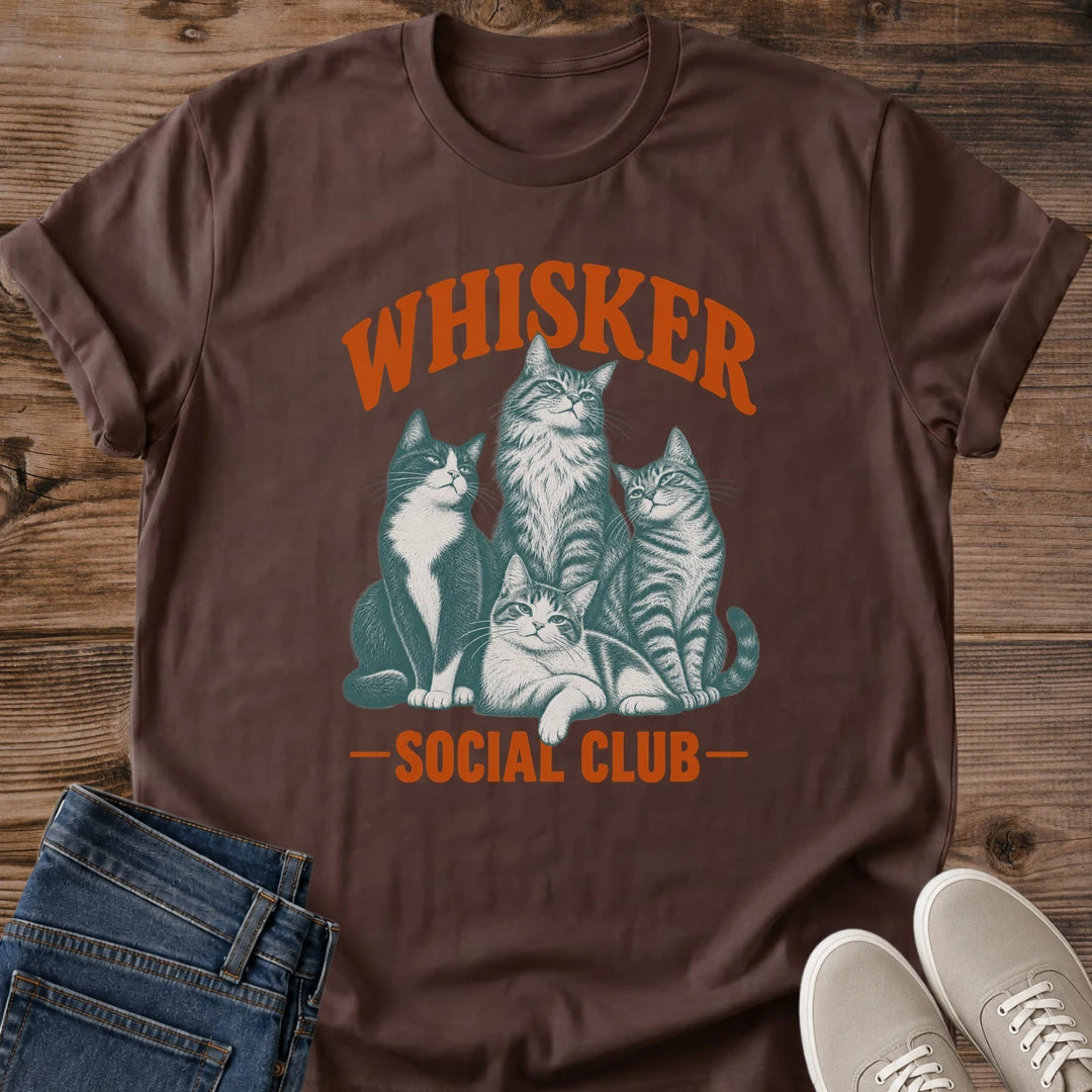 Vintage Cat Graphic Tee Cat Lover Shirt Design Whisker Social Club Print Soft Lightweight Cotton Comfortable Casual Wear Retro Inspired Illustration Relaxed Fit Crew Neck Perfect Gift Feline Enthusiast Everyday Comfort Shirt Coffee Morning