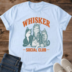 Casual Cat Lover Tee Relaxed Fit Shirt Vintage Design Print Soft Cotton Fabric Whisker Social Club Graphic Comfortable Everyday Wear Crew Neck Style Lightweight Material Cozy Weekend Clothing Perfect Layering Essential Retro Cat