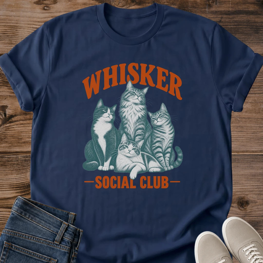 Cat Lover Shirt Perfect Gift Cat Owner Vintage Design Soft Cotton Tee Whisker Social Club Print Retro Inspired Graphic Comfortable Casual Wear Relaxed Fit Crew Neck Lightweight Fabric Cozy Weekend Outfit Coffee Morning Essential Feline