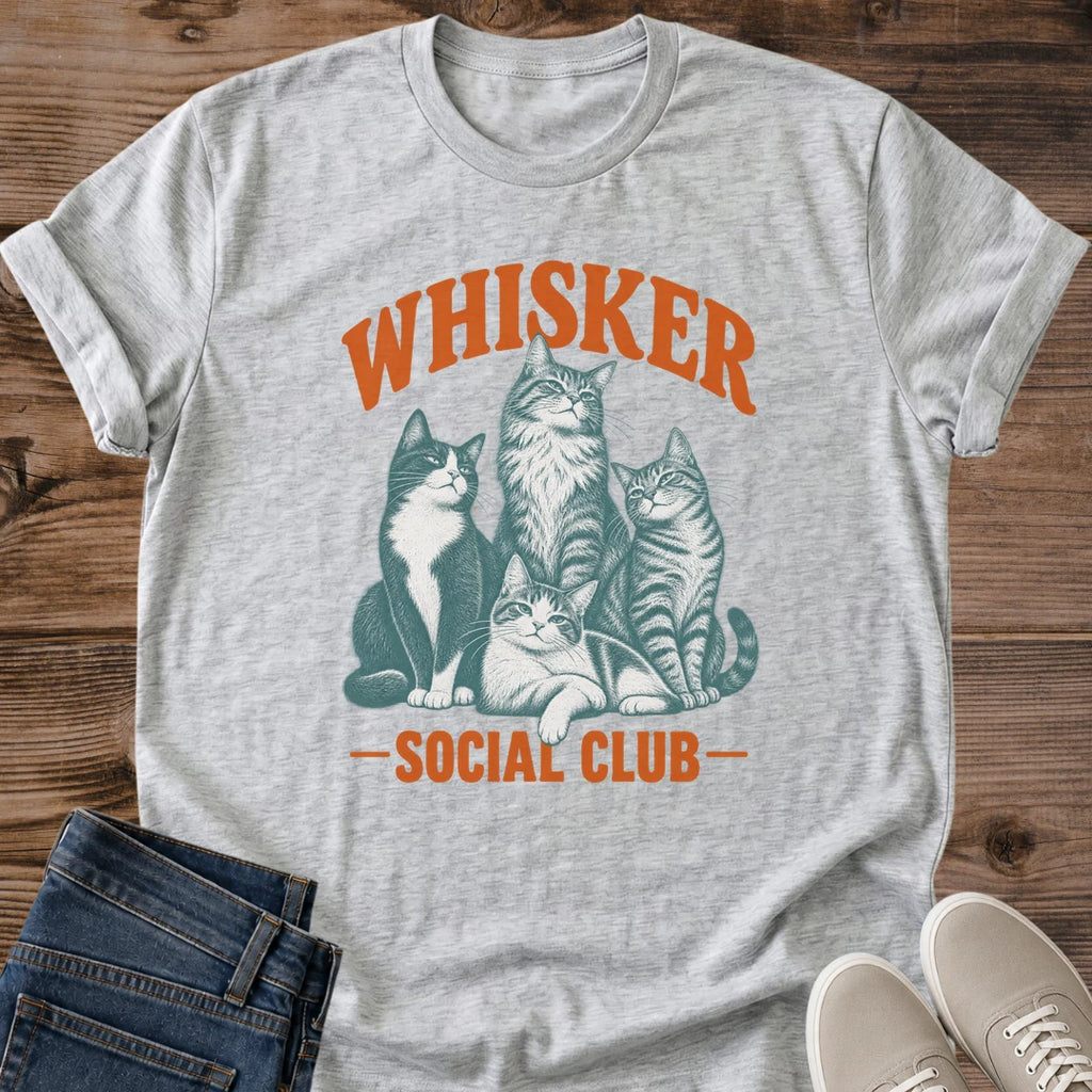 Retro Cat Shirt Vintage Style Tee Soft Cotton Comfort Whisker Social Club Design Cat Lover Apparel Relaxed Casual Fit Lightweight Graphic Shirt Crew Neck Classic Comfortable Everyday Wear Perfect Gift Cat Owner Cozy Morning Outfit Feline