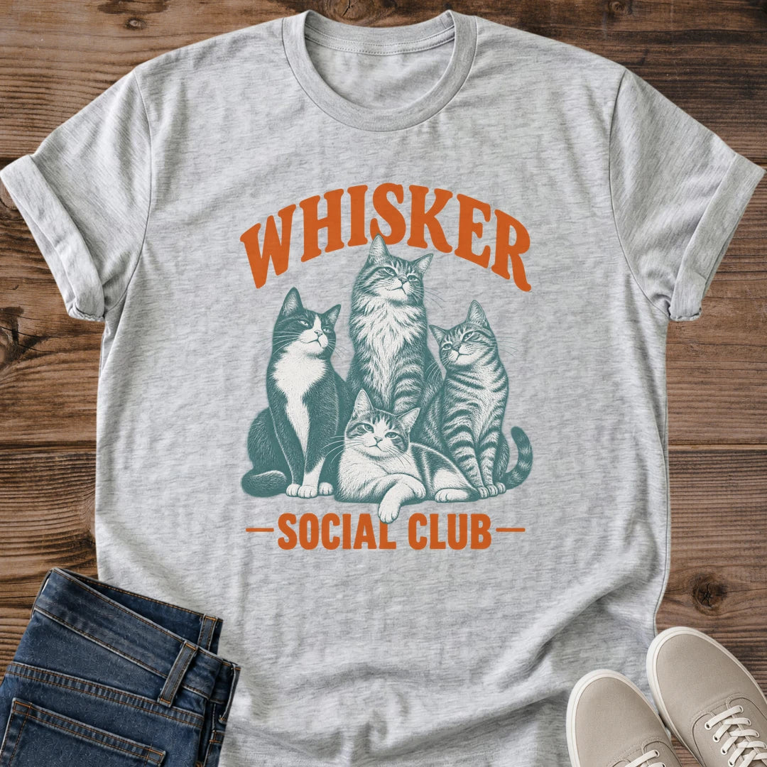 Retro Cat Shirt Vintage Style Tee Soft Cotton Comfort Whisker Social Club Design Cat Lover Apparel Relaxed Casual Fit Lightweight Graphic Shirt Crew Neck Classic Comfortable Everyday Wear Perfect Gift Cat Owner Cozy Morning Outfit Feline