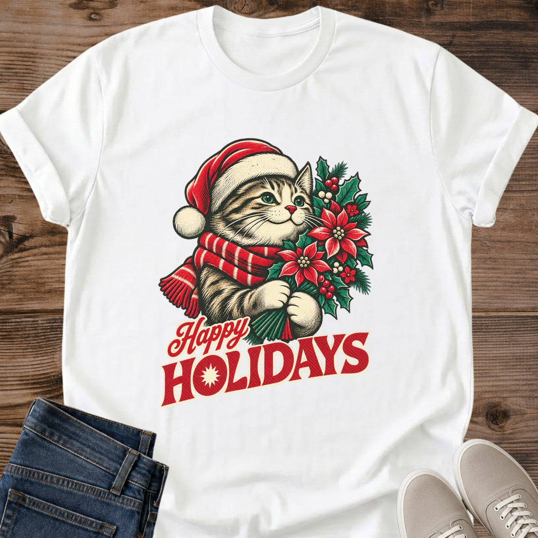 White Happy Holidays Christmas cat graphic tee, festive unisex crewneck T-shirt