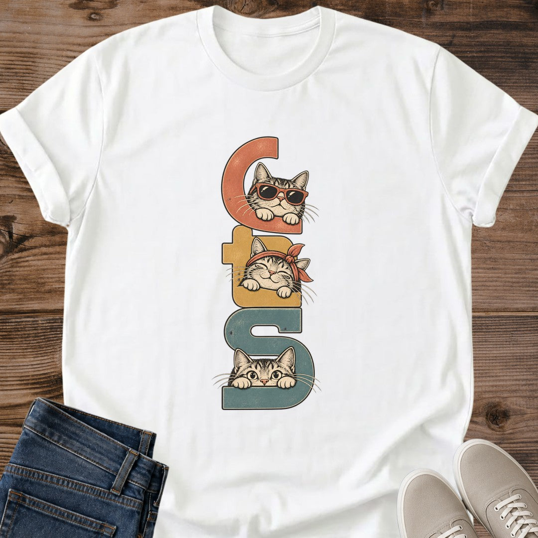 Playful Cat Shirt Cats Peeking Retro Letters Graphic Tee Cute Gift Idea Ring Spun Cotton Soft Breathable Fabric Relaxed Unisex Fit Vintage Print Design Cat Person Apparel Casual Everyday Wear Statement Piece Great Gift