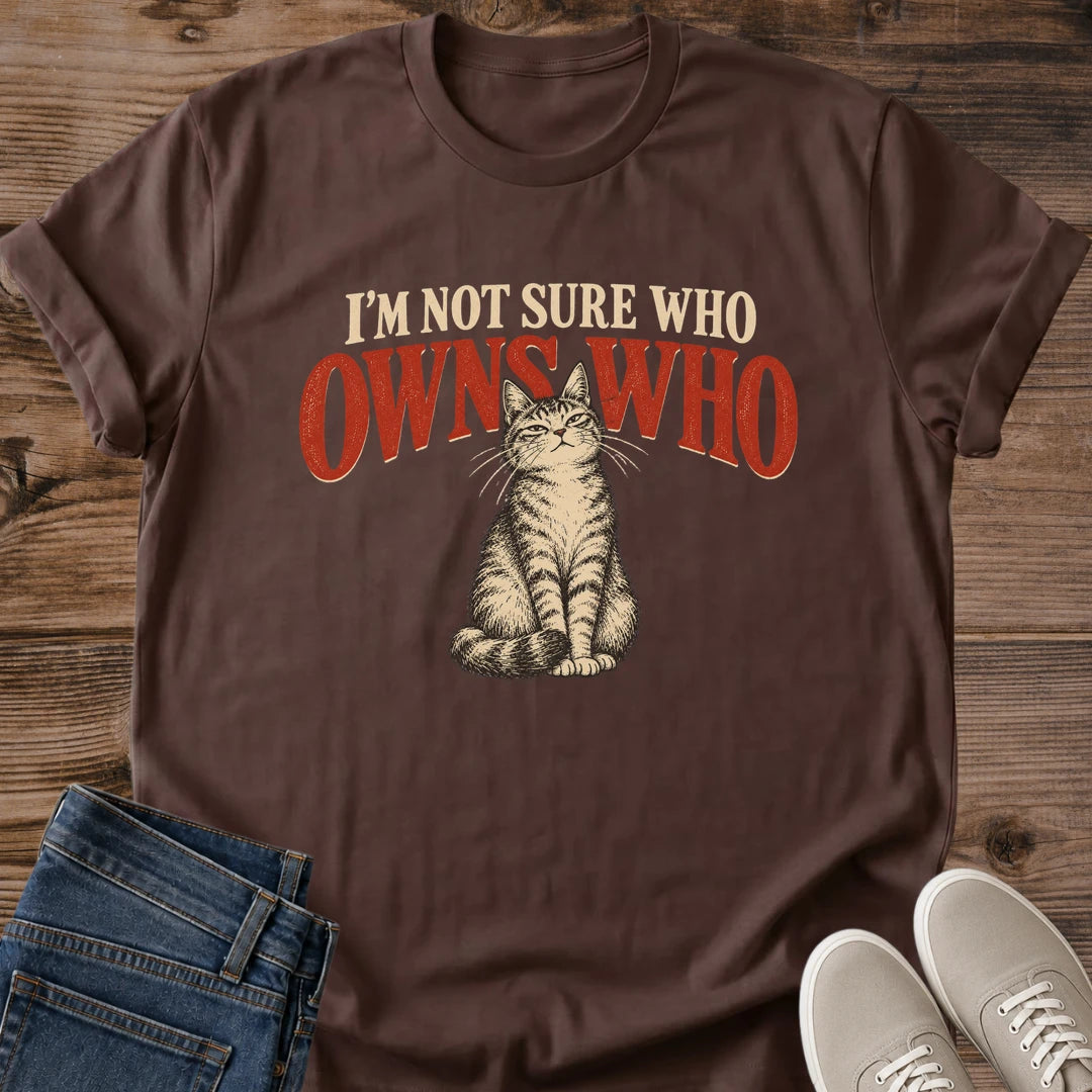 Vintage Cat Lover Tee Im Not Sure Who Owns Who Tabby Design Cotton Cat Dad Gift Shirt Funny Aesthetic Softstyle Ring Spun Fabric Relaxed Retail Fit Casual Weekend Layering Statement Piece Everyday Wear For Home And Away