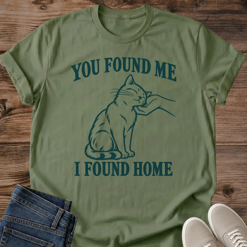 Vintage Cat Lover Tee You Found Me I Found Home Line Art Design Cotton Cat Mom Gift Shirt Sentimental Aesthetic Softstyle Ring Spun Fabric Relaxed Retail Fit Casual Weekend Layering Statement Piece Everyday Wear