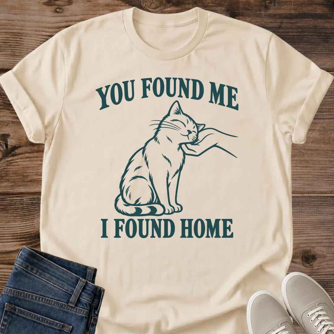 Sentimental Cat Shirt You Found Me I Found Home Adoption Graphic Tee Gift Idea Ring Spun Cotton Soft Breathable Fabric Relaxed Unisex Fit Line Art Design Cat Person Apparel Casual Everyday Wear Statement Piece