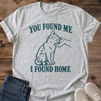 Vintage Cat Lover Tee You Found Me I Found Home Line Art Design Cotton Cat Mom Gift Shirt Sentimental Aesthetic Softstyle Ring Spun Fabric Relaxed Retail Fit Casual Weekend Layering Statement Piece Everyday Wear