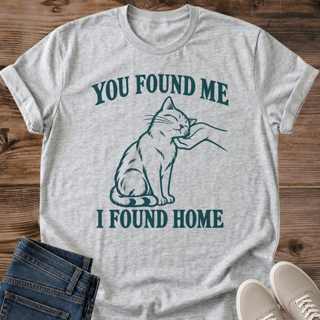 Vintage Cat Lover Tee You Found Me I Found Home Line Art Design Cotton Cat Mom Gift Shirt Sentimental Aesthetic Softstyle Ring Spun Fabric Relaxed Retail Fit Casual Weekend Layering Statement Piece Everyday Wear