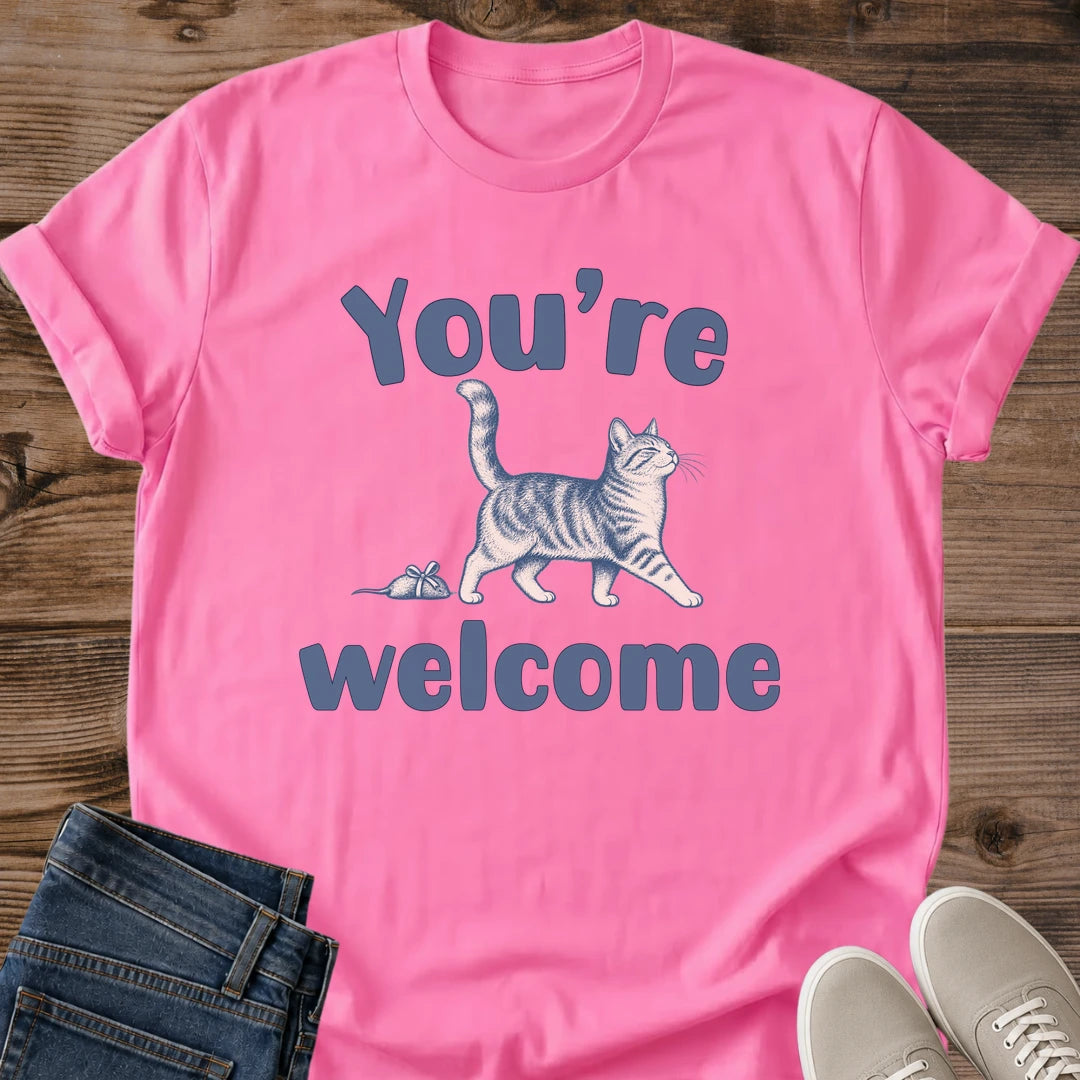Hunting Cat Shirt Youre Welcome Mouse Graphic Tee Funny Gift Idea Ring Spun Cotton Soft Breathable Fabric Relaxed Unisex Fit Illustrated Print Design Cat Person Apparel Casual Everyday Wear Statement Piece Great Gift