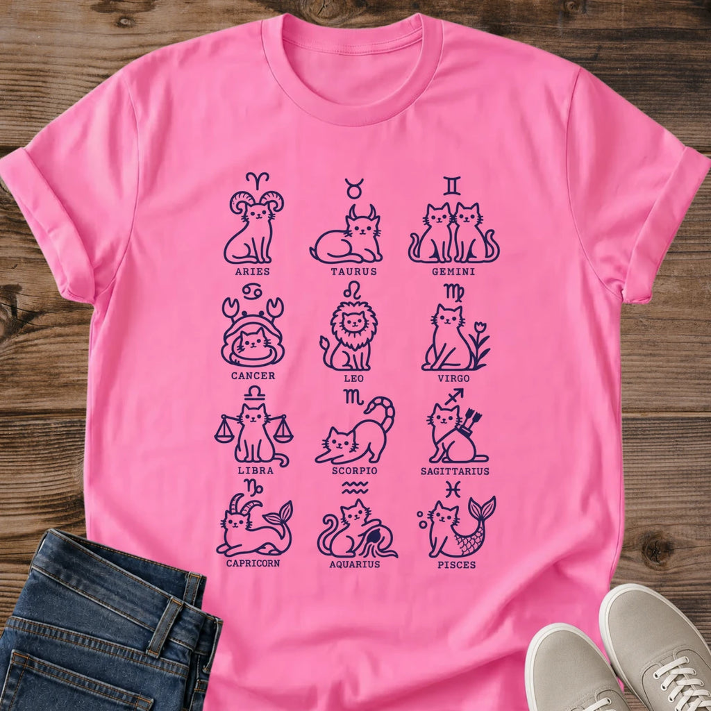 Graphic Tee Design Hand Drawn Zodiac Cats Astrology Line Art Shirt Minimalist Style Collection Soft Casual Fabric Everyday Wear Essential Cat Lover Apparel Perfect Astrology Gift Idea Horoscope Fan Clothing Modern Clean Design Birthday