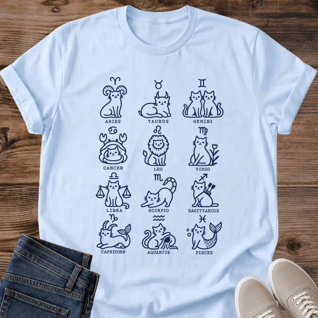 Astrology Cat Shirt Hand Drawn Zodiac Sign Design Minimalist Line Art Graphic Tee Perfect Cat Lover Gift Astrology Enthusiast Present Soft Lightweight Fabric Crew Neck Style Casual Everyday Wear Horoscope Fan Apparel Birthday Gift Idea