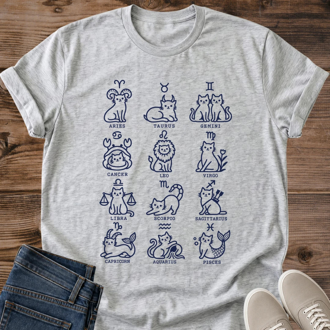 Cat Lover Gift Shirt Zodiac Sign Design Hand Drawn Astrology Tee Minimalist Line Art Style Soft Breathable Fabric Casual Graphic Shirt Everyday Wear Essential Horoscope Enthusiast Apparel Cat Themed Clothing Modern Clean Design Birthday