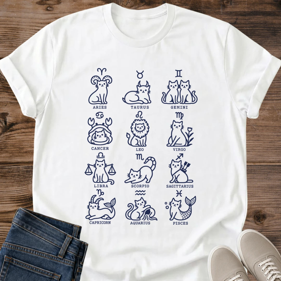 Zodiac Tee Collection Hand Drawn Cat Design Astrology Line Art Shirt Minimalist Graphic Style Soft Lightweight Fabric Casual Everyday Wear Perfect Horoscope Lover Gift Cat Enthusiast Apparel Modern Crew Neck Design Birthday Present Idea
