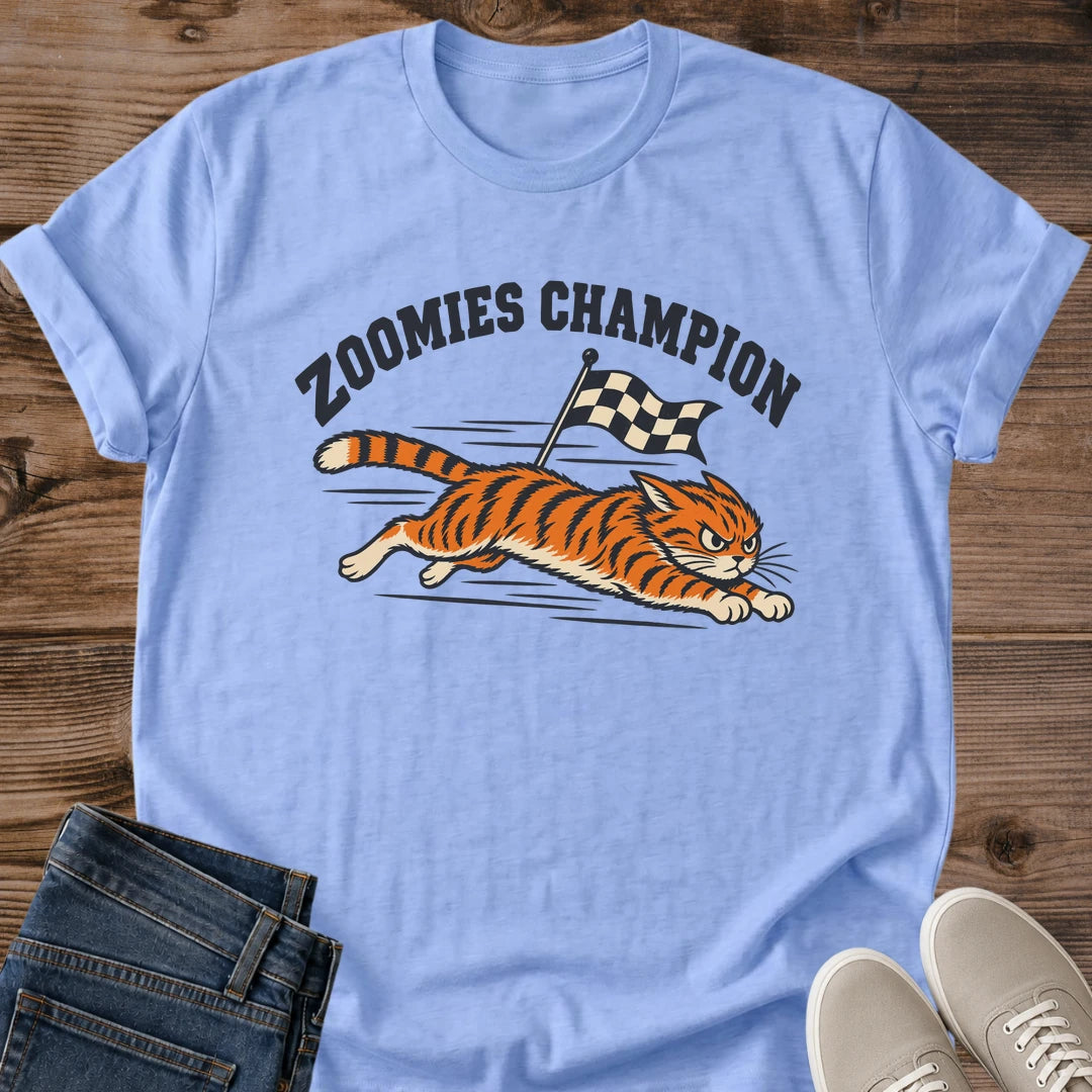Comfortable Casual Shirt Vintage Tiger Racing Design Soft Lightweight Tee Crew Neck Relaxed Fit Playful Zoomies Champion Graphics Retro Inspired Style Perfect Cat Lover Gift Checkered Flag Motif Everyday Wear Essential Novelty Graphic