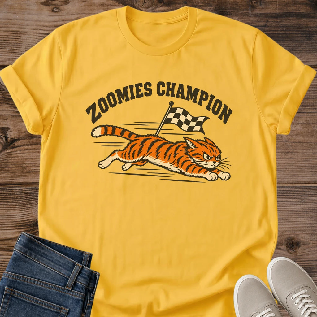 Vintage Style Apparel Racing Tiger Graphic Tee Comfortable Everyday Wear Soft Lightweight Fabric Crew Neck Classic Fit Zoomies Champion Design Retro Inspired Graphics Checkered Flag Motif Perfect Cat Lover Gift Casual Statement Shirt