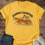 Vintage Style Apparel Racing Tiger Graphic Tee Comfortable Everyday Wear Soft Lightweight Fabric Crew Neck Classic Fit Zoomies Champion Design Retro Inspired Graphics Checkered Flag Motif Perfect Cat Lover Gift Casual Statement Shirt