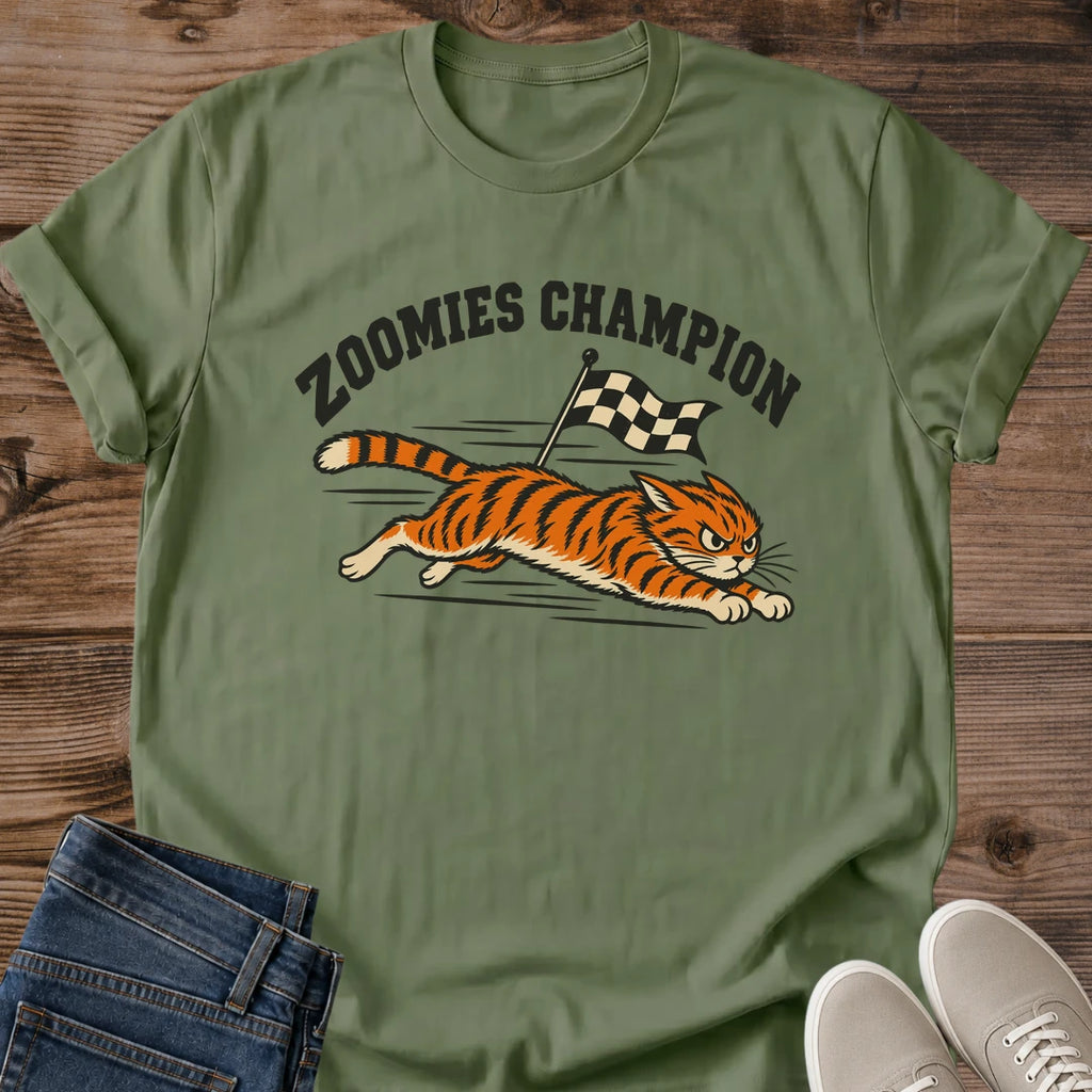 Novelty Gift Apparel Vintage Racing Tiger Tee Soft Comfortable Fabric Crew Neck Design Zoomies Champion Text Retro Style Graphics Checkered Flag Theme Perfect Cat Lover Present Casual Everyday Shirt Lightweight Relaxed Fit Playful Statement
