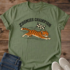 Novelty Gift Apparel Vintage Racing Tiger Tee Soft Comfortable Fabric Crew Neck Design Zoomies Champion Text Retro Style Graphics Checkered Flag Theme Perfect Cat Lover Present Casual Everyday Shirt Lightweight Relaxed Fit Playful Statement