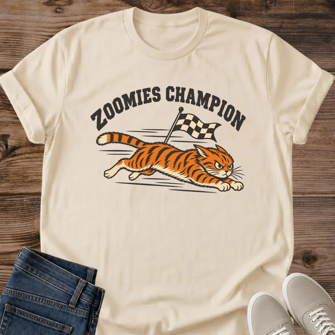 Cat Lover Gift Vintage Racing Tiger Graphic Tee Soft Lightweight Fabric Crew Neck Design Zoomies Champion Text Checkered Flag Motif Retro Inspired Style Playful Statement Piece Perfect Casual Everyday Wear Comfortable Relaxed Fit Novelty