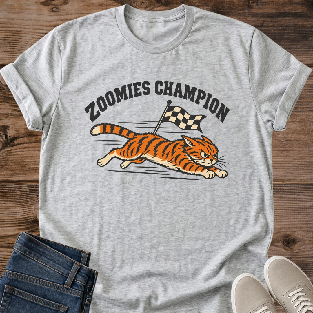 Graphic Tee Vintage Style Tiger Racing Design Soft Comfortable Fabric Crew Neck Classic Fit Retro Animal Shirt Zoomies Champion Theme Checkered Flag Graphics Playful Casual Wear Perfect Cat Lover Gift Lightweight Everyday Shirt Novelty